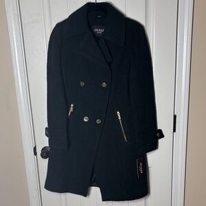 GUESS Women's Black Pea Coat with Gold Accents
